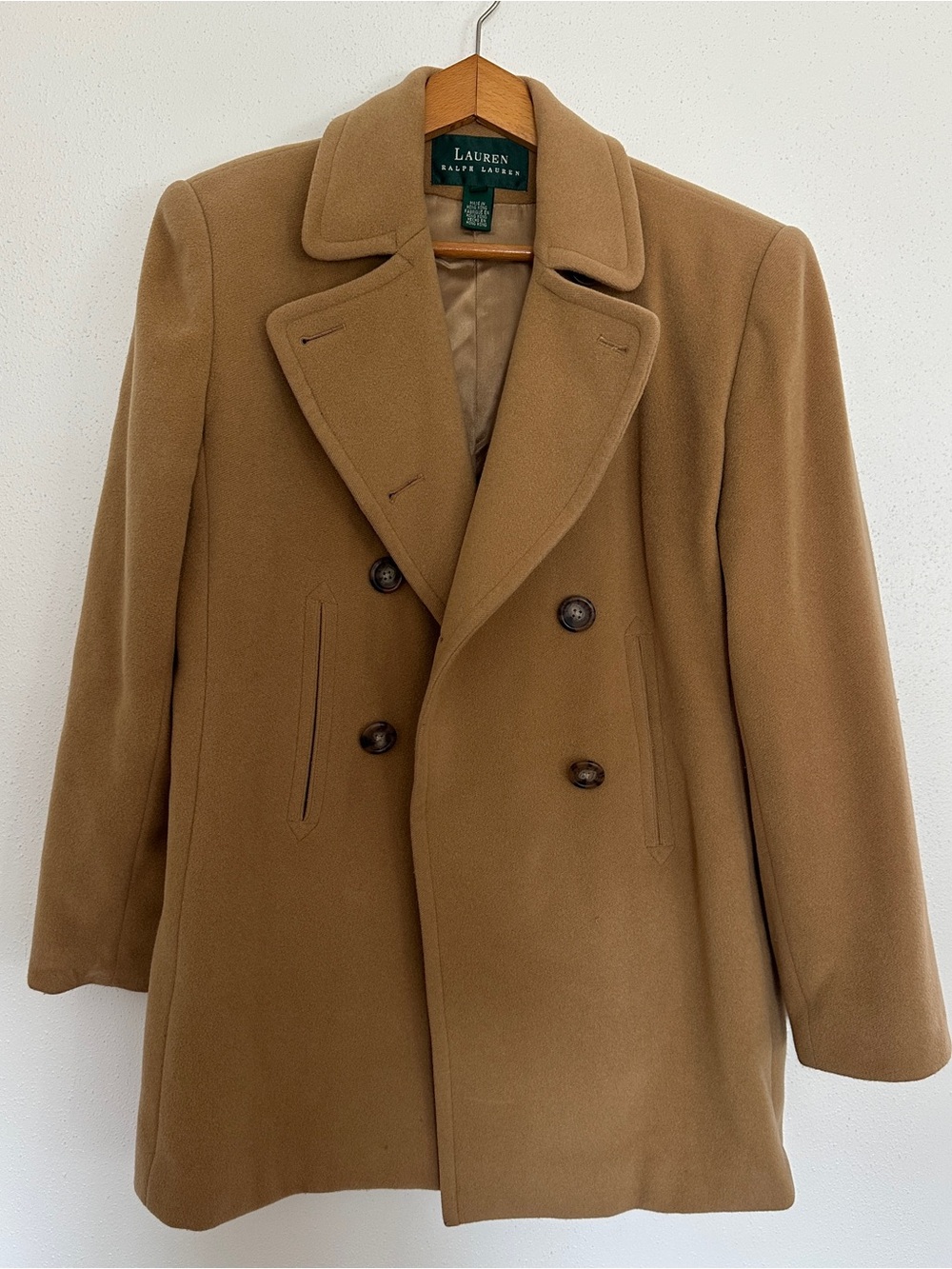 Ralph Lauren Camel Double-Breasted Wool Pea Coat